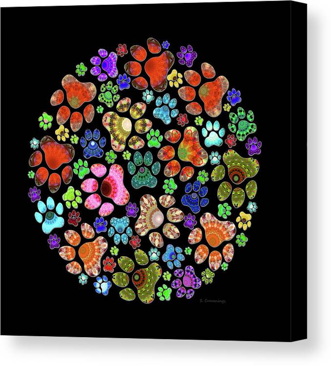 Love Canvas Print featuring the painting Colorful Pretty Paws Circle Art by Sharon Cummings