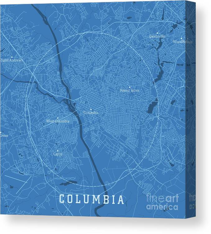 South Carolina Canvas Print featuring the digital art Columbia SC City Vector Road Map Blue Text by Frank Ramspott
