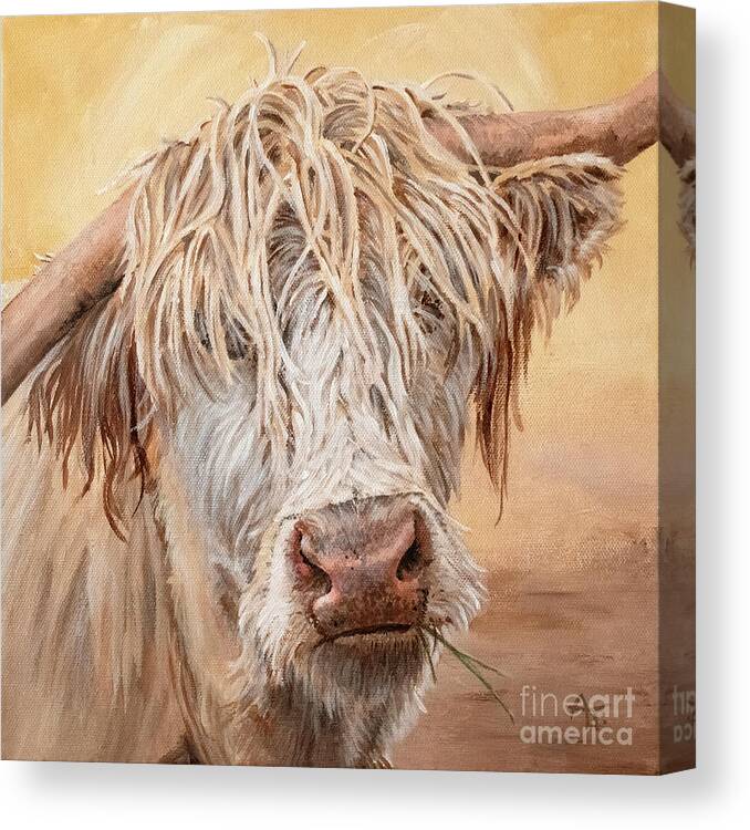 Cow Canvas Print featuring the painting Comb Over - Highland Cow Painting by Annie Troe