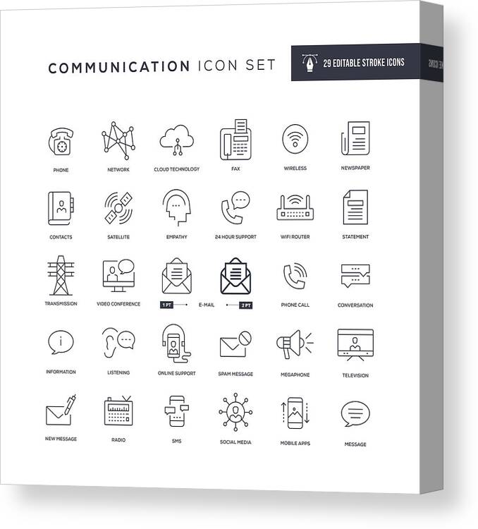 Internet Canvas Print featuring the drawing Communication Editable Stroke Line Icons by Enis Aksoy