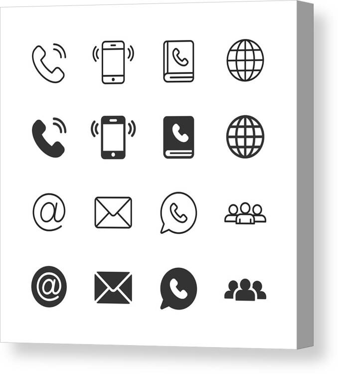 Internet Canvas Print featuring the drawing Contact Us Glyph and Line Icons. Editable Stroke. Pixel Perfect. For Mobile and Web. Contains such icons as Phone, Smartphone, Globe, E-mail, Support. by Rambo182