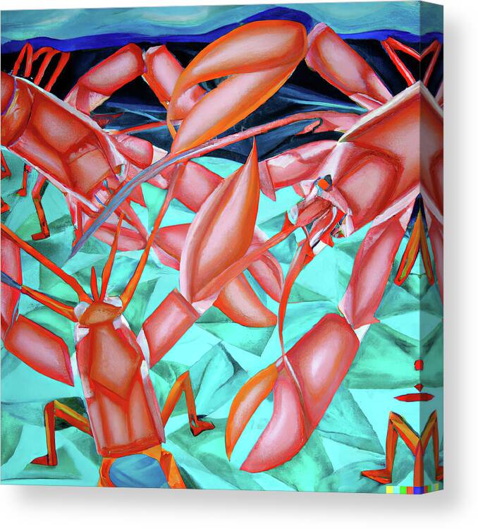 Cgi Illustration Canvas Print featuring the digital art Cubist painting of lobsters on the ocean floor by Steve Estvanik