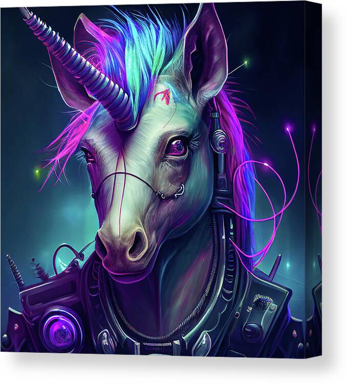 Unicorn Canvas Print featuring the digital art Cyberpunk Unicorn Portrait 01 by Matthias Hauser