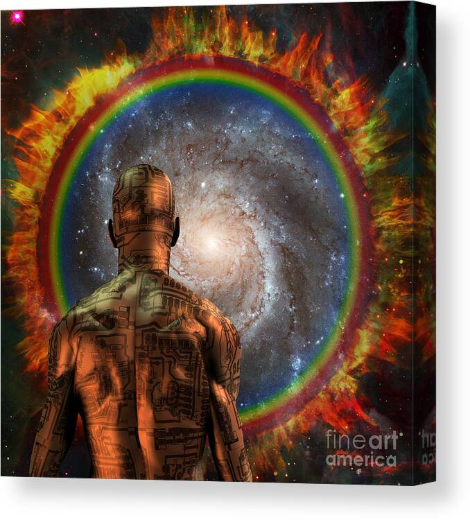 Cyborg Canvas Print featuring the digital art Cyborg before the space portal by Bruce Rolff