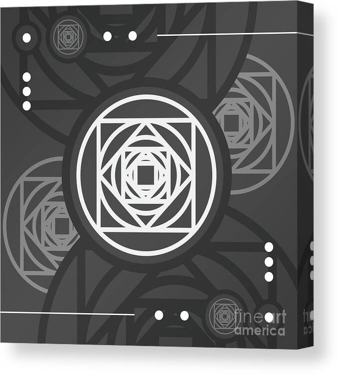 Abstract Canvas Print featuring the mixed media Dark Steely Geometric Glyph Art in Black Gray and White n.0280 by Holy Rock Design