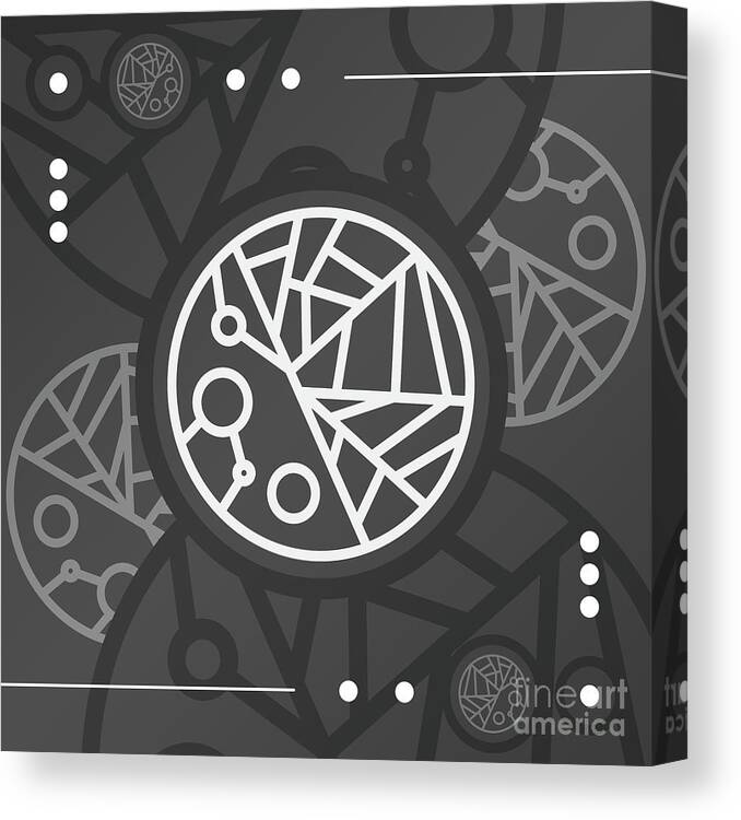 Abstract Canvas Print featuring the mixed media Dark Steely Geometric Glyph Art in Black Gray and White n.0305 by Holy Rock Design
