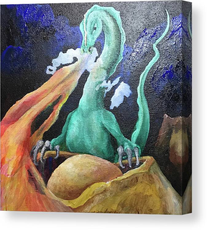 Dragon Canvas Print featuring the painting Dragon tending egg by Teresamarie Yawn