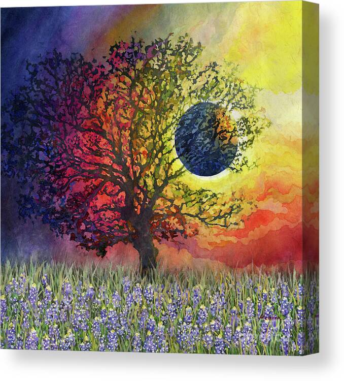 Eclipse Canvas Print featuring the painting Eclipse Over Bluebonnets - Total Eclipse by Hailey E Herrera