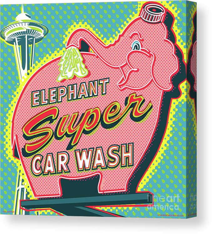 Pop Art Canvas Print featuring the digital art Elephant Car Wash and Space Needle - Seattle by Jim Zahniser