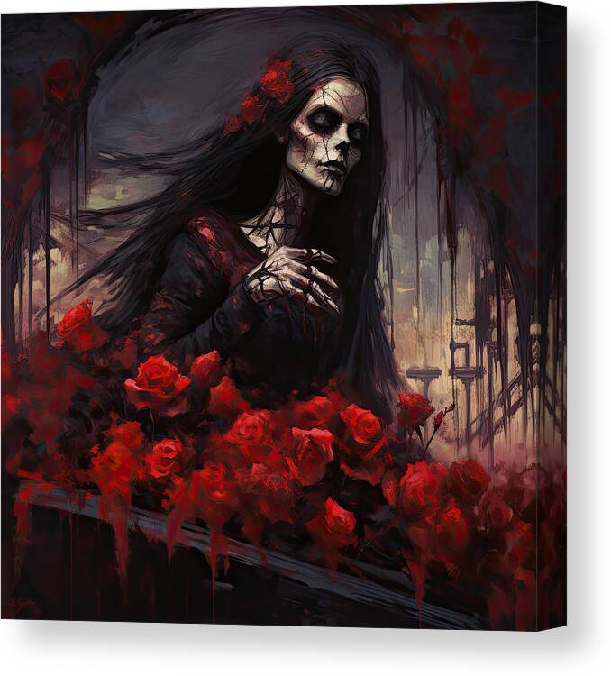 Woman In Black Canvas Print featuring the painting Embrace of the Inevitable - Memento Mori Art by Lourry Legarde
