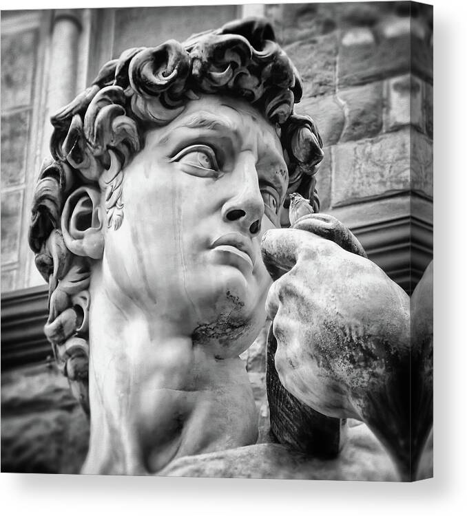 David Canvas Print featuring the photograph Face Detail of David by Michelangelo Florence Black and White by Carol Japp