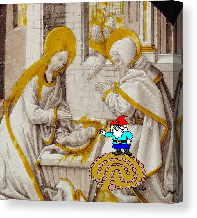 Christmas Canvas Print featuring the digital art Will the Wandering Gnome Visits Jesus in the Manger - Gnome Art by Bill Ressl