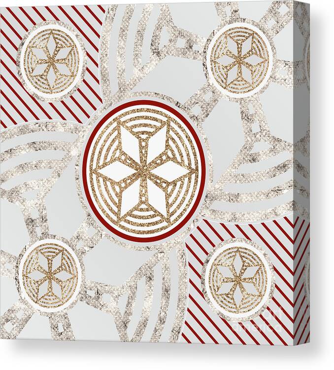 Abstract Canvas Print featuring the mixed media Festive Sparkly Geometric Glyph Art in Red Silver and Gold n.0062 by Holy Rock Design