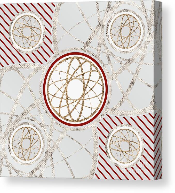 Abstract Canvas Print featuring the mixed media Festive Sparkly Geometric Glyph Art in Red Silver and Gold n.0382 by Holy Rock Design