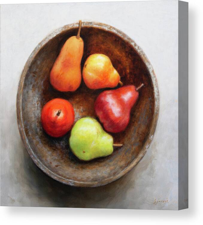 Red Canvas Print featuring the painting Five Pears by Susan N Jarvis