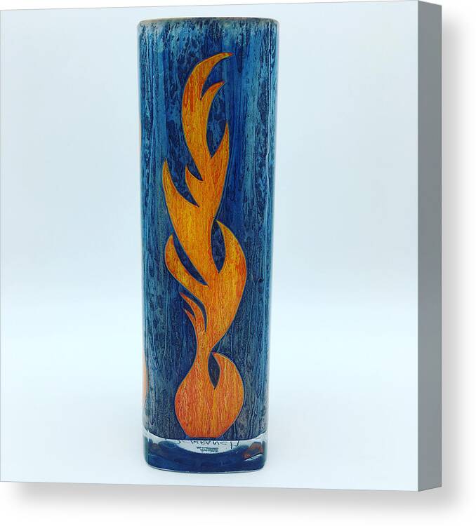 Glass Canvas Print featuring the glass art Flame on Blue by Christopher Schranck