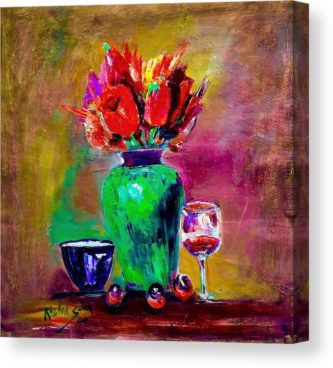Flowers Canvas Print featuring the painting Flowers in vase by Khalid Saeed