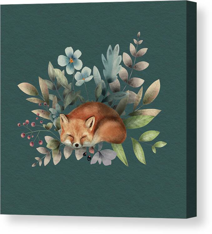 Fox Canvas Print featuring the painting Fox With Flowers by Garden Of Delights