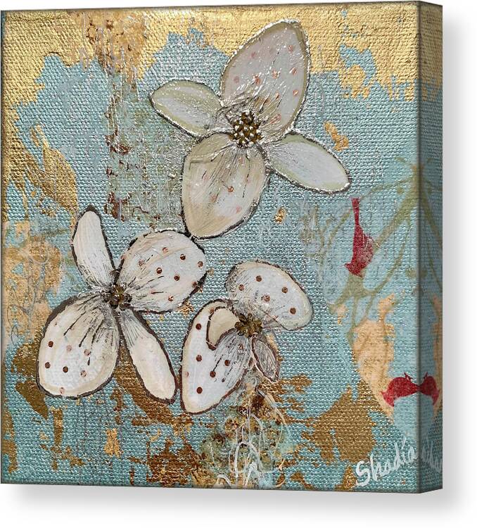 Orchid White Orchids Flowers Blossom Tropical Tropics Love Beauty Whitish Soft Delicate Green Fragile Fertility Refinement Thoughtfulness Charm Phalaenopsis Reverence Gold Gold Leaf Metallic Elegance Elegant Graceful Petite Dow Gardens Garden Midland Dowgarden Gold Collage Shadia Blue Pale Blue Soft Blue Canvas Print featuring the painting Gilded Orchid II by Shadia Derbyshire