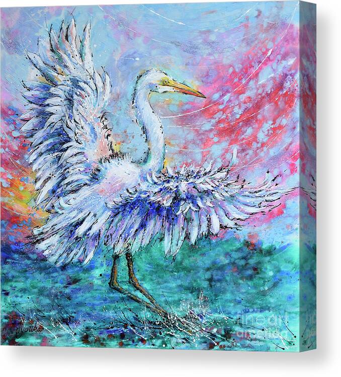  Canvas Print featuring the painting Great Egret's Glorious Landing by Jyotika Shroff