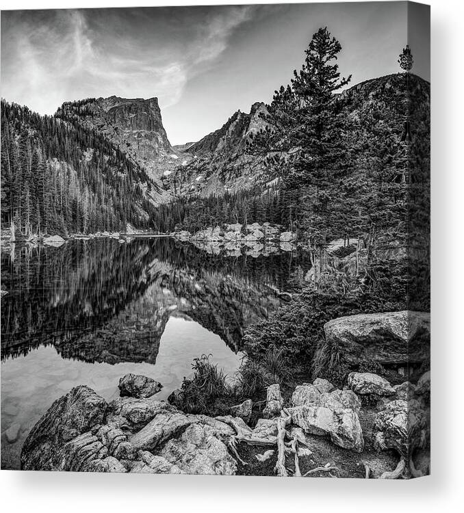 Dream Lake Canvas Print featuring the photograph Hallett Peak and Dream Lake Reflections - Black and White 1x1 by Gregory Ballos
