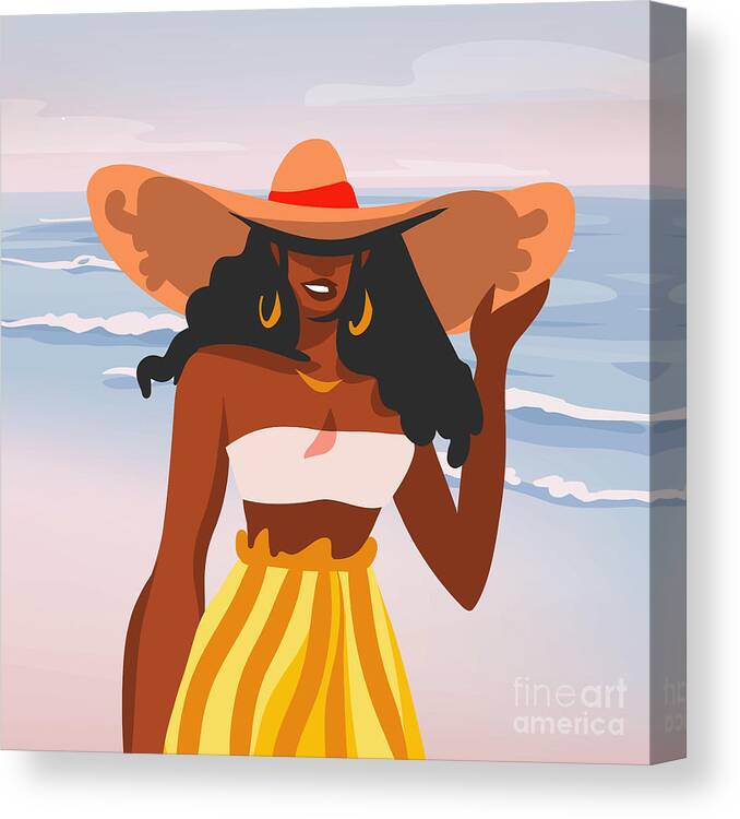 Hand drawn illustration with young happy black afro beauty female portrait  in swimsuit and hat on be Canvas Print / Canvas Art by Mounir Khalfouf -  Fine Art America