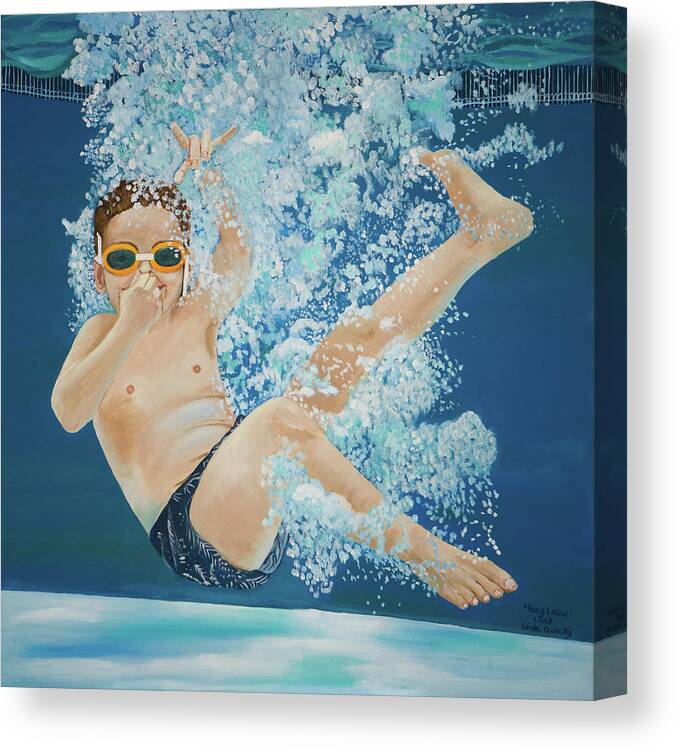 Swimming Pool Canvas Print featuring the painting Hang Loose Boy Underwater Swimming Painting by Linda Queally by Linda Queally