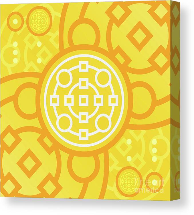 Abstract Canvas Print featuring the mixed media Happy Citrus Geometric Glyph Art in Yellow Orange and White n.0288 by Holy Rock Design
