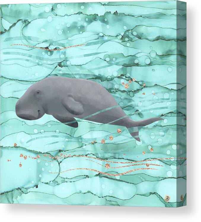 Happy Manatee Canvas Print featuring the digital art Happy Dugong Swimming in Coral Reef Waters by Andreea Dumez
