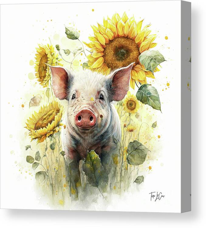 Piglet Canvas Print featuring the painting Happy In The Sunflowers by Tina LeCour