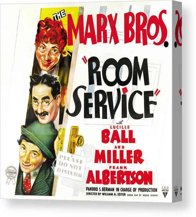 Chico Marx Canvas Print featuring the photograph HARPO MARX, CHICO MARX and GROUCHO MARX in ROOM SERVICE -1938-, directed by WILLIAM A. SEITER. by Album