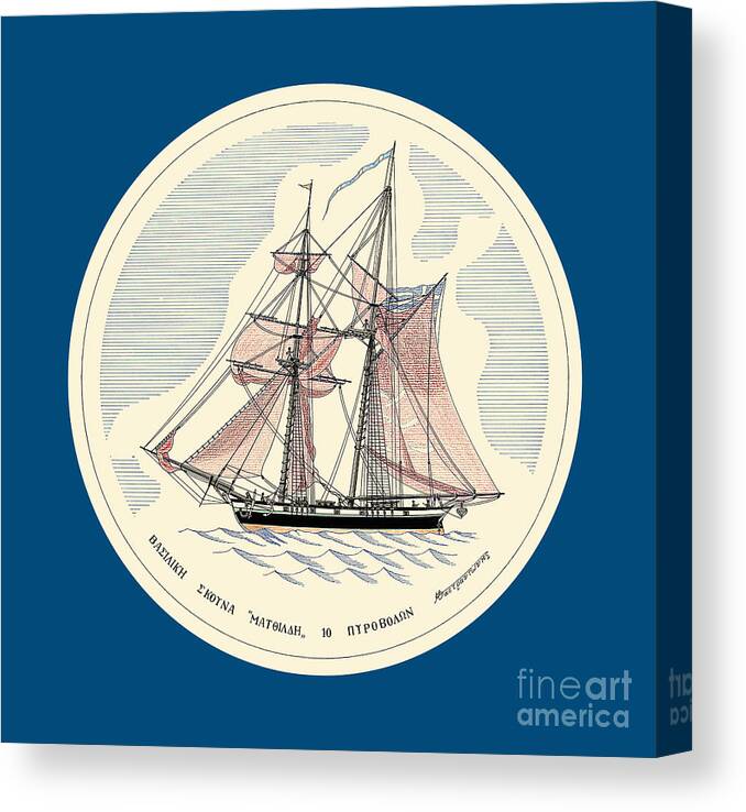 Historic Vessels Canvas Print featuring the drawing Hellenic schooner Mathilde - miniature with colored border by Panagiotis Mastrantonis