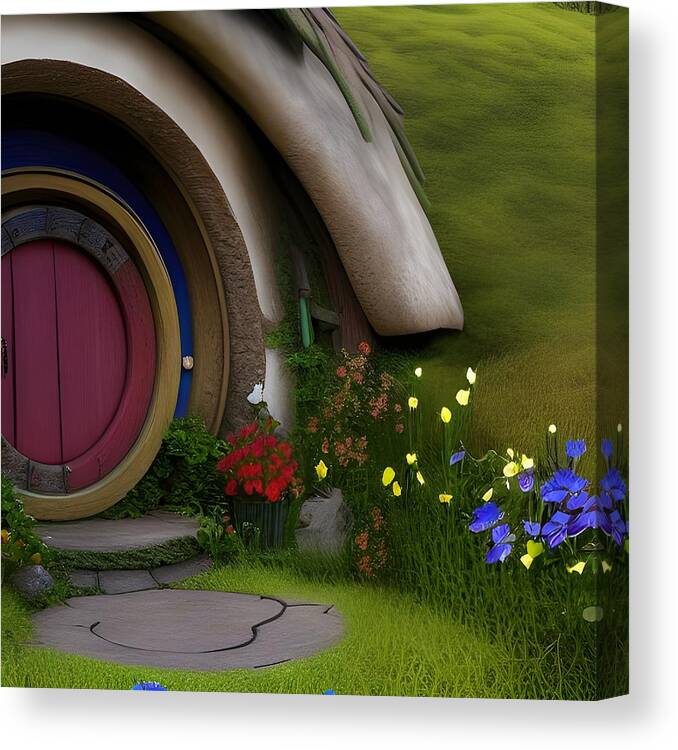 Hobbit Canvas Print featuring the digital art Hillside Hobbit Home by Angela Hobbs aka Digital Art Cafe