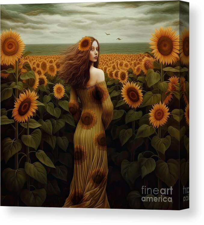 Sunflowers. Surreal Canvas Print featuring the painting In the Sunflowers by Mindy Sommers