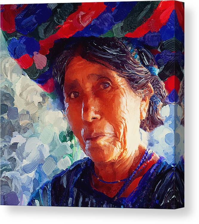 Portrait Canvas Print featuring the mixed media Indigenous craft vendor portrait Guatemala by Tatiana Travelways