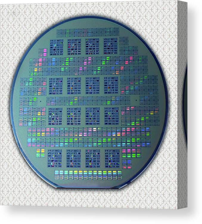 Intel Canvas Print featuring the photograph Intel 4001 ROM CPU Silicon Wafer Chipset Integrated Circuit, Silicon Valley 1971 by Kathy Anselmo