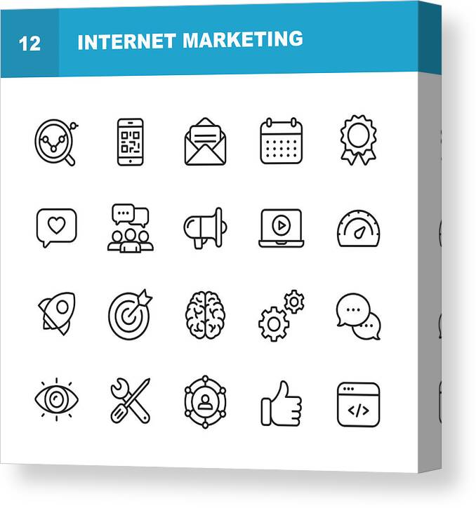 Digital Display Canvas Print featuring the drawing Internet Marketing Line Icons. Editable Stroke. Pixel Perfect. For Mobile and Web. Contains such icons as Digital Marketing, Social Media, Marketing Strategy, Brainstorming, Sharing and Commenting. by Rambo182