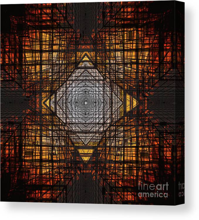 Architecture Canvas Print featuring the digital art Intersecting Geometric Lines of Glass and Steel at Sunset by Neece Campione