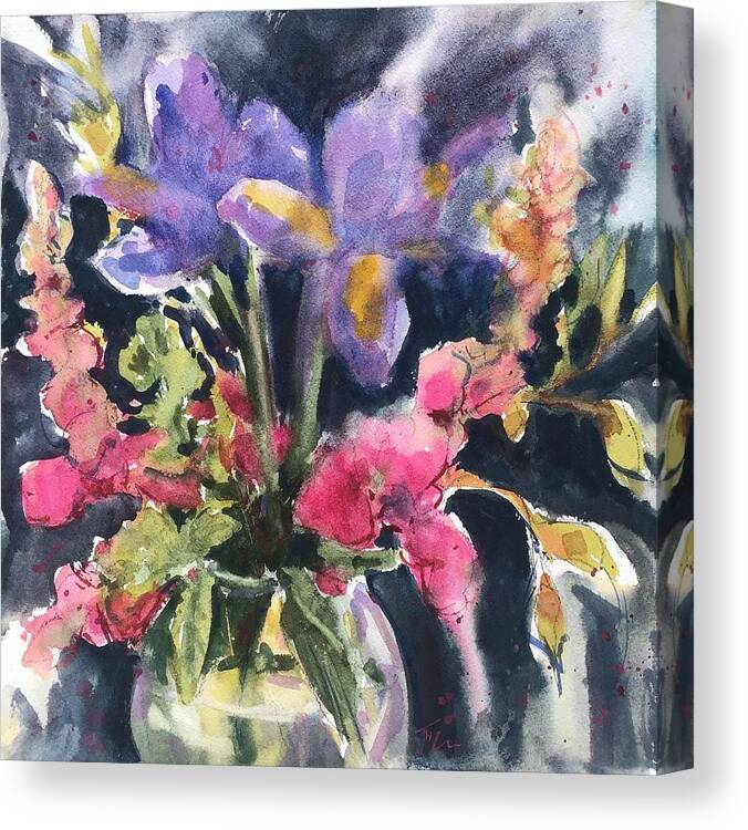 Floral Canvas Print featuring the painting Iris and Sweet Pea by Judith Levins