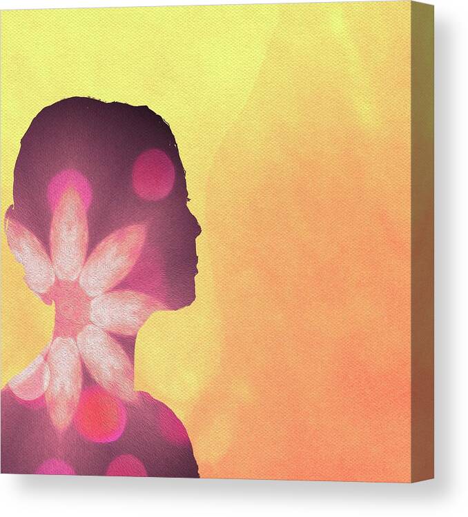 Pink Canvas Print featuring the mixed media It reminds me pink flower portrait yellow background by Itsonlythemoon