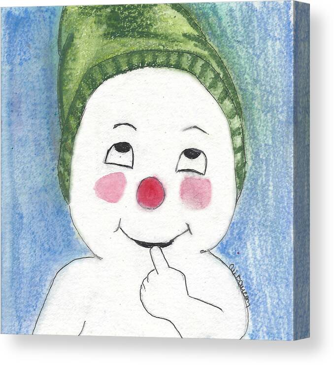 Snowman Canvas Print featuring the painting Jacques Frost Snowman with Rosy cheeks and a Green Toboggan by Ali Baucom