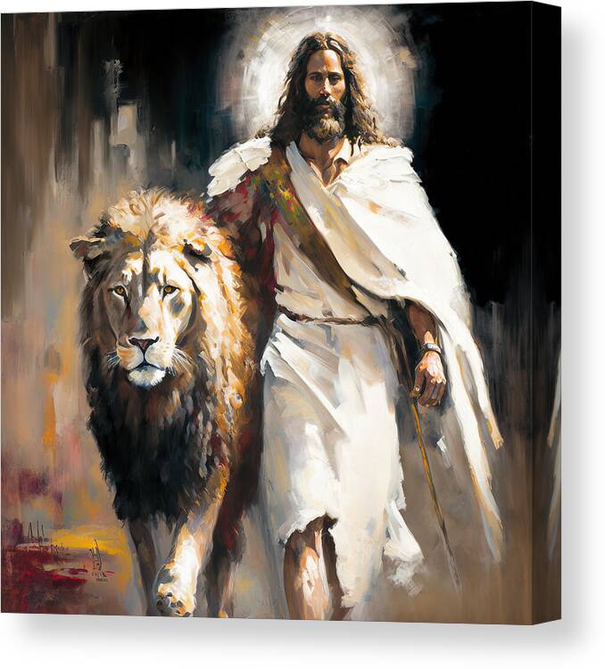 Jesus Canvas Print featuring the painting Jesus with a lion by My Head Cinema