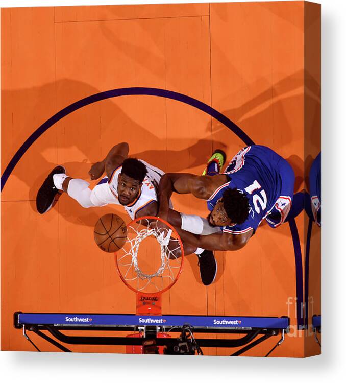Deandre Ayton Canvas Print featuring the photograph Joel Embiid by Barry Gossage
