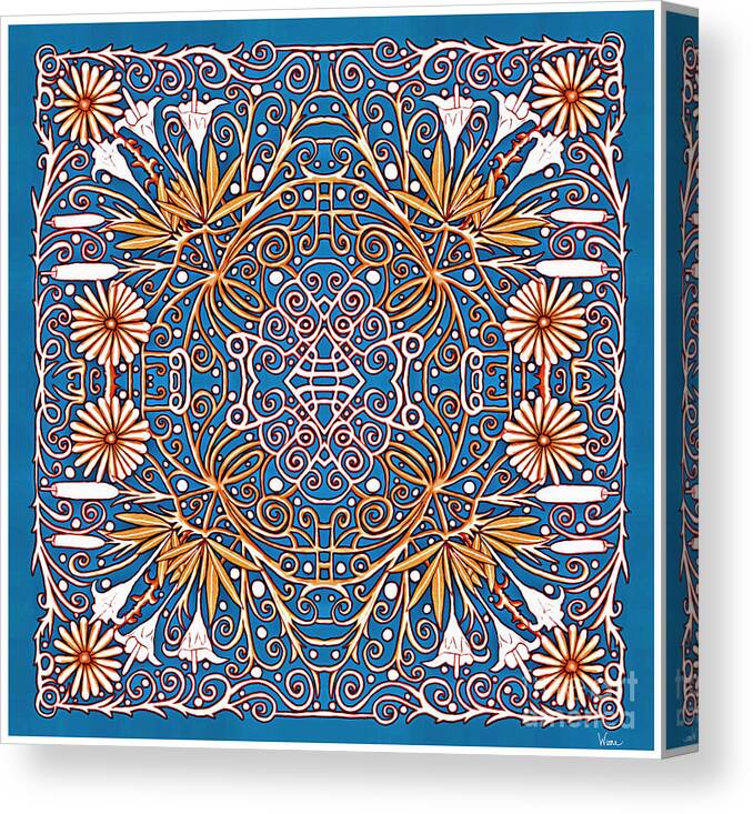 Autumn Canvas Print featuring the mixed media Kaleidoscope of Lilies and Other Flowers in Orange and White on a Turquoise Background by Lise Winne