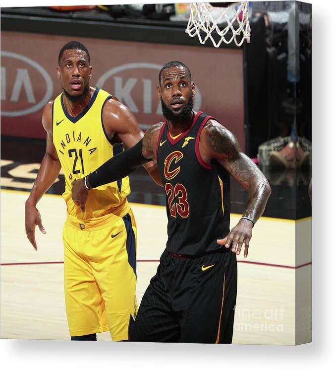 Playoffs Canvas Print featuring the photograph Lebron James and Thaddeus Young by Nathaniel S. Butler