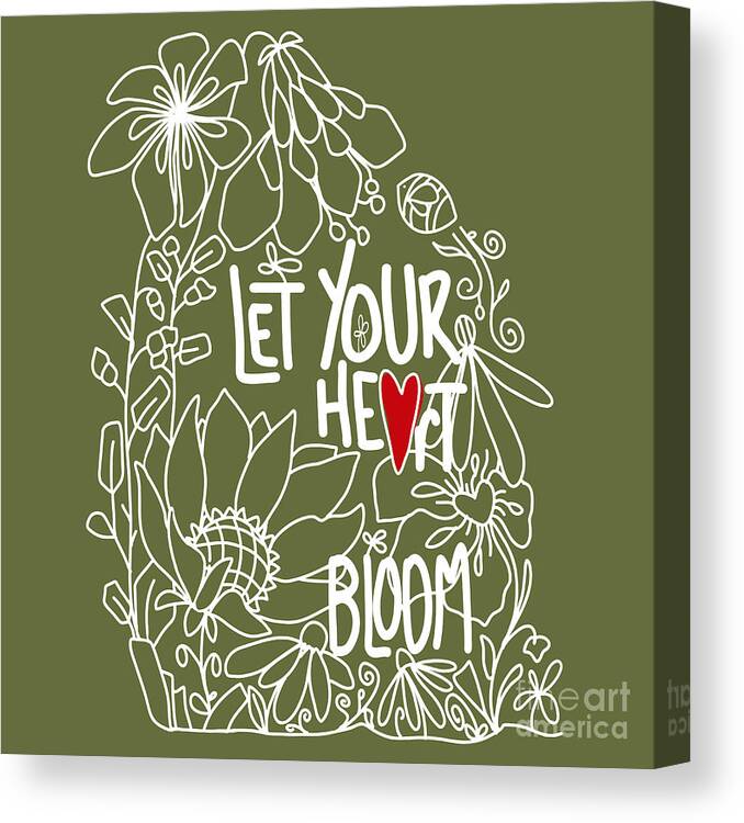 Let Your Heart Bloom Canvas Print featuring the digital art Let Your Heart Bloom - Safari Green and White Line Art by Patricia Awapara