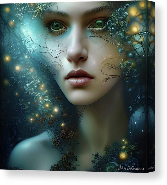 Woman In The Woods Canvas Print featuring the digital art Light in the Woods by John DeGaetano