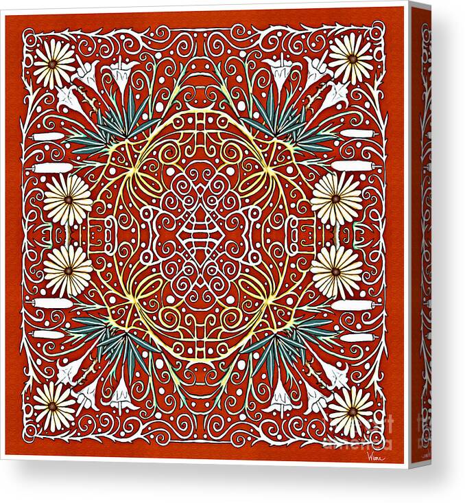 Lise Winne Canvas Print featuring the mixed media Lilies and Daisies and White tubular Flowers on a Red Background square design for decor by Lise Winne