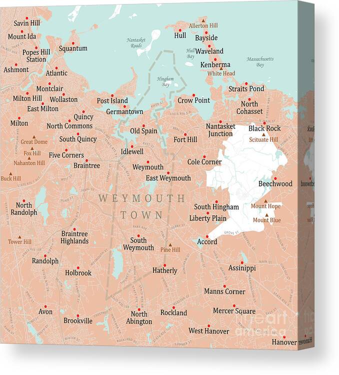 Massachusetts Canvas Print featuring the digital art MA Norfolk Weymouth Town Vector Road Map by Frank Ramspott