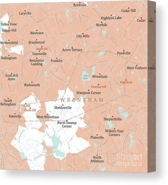 Massachusetts Canvas Print featuring the digital art MA Norfolk Wrentham Vector Road Map by Frank Ramspott